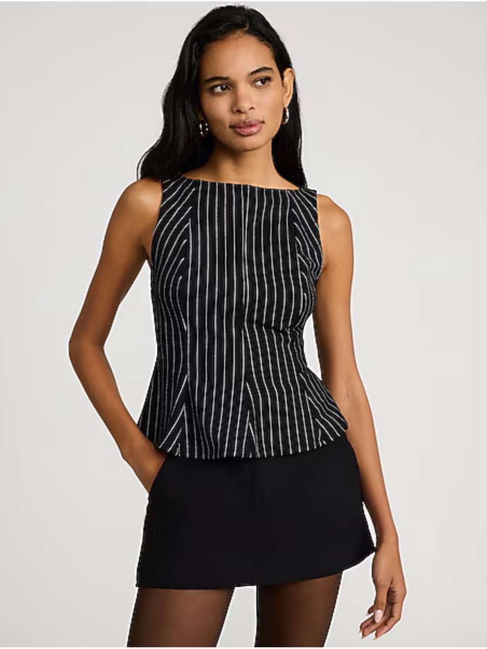 Express Black Pinstripe Sleeveless Peplum Top